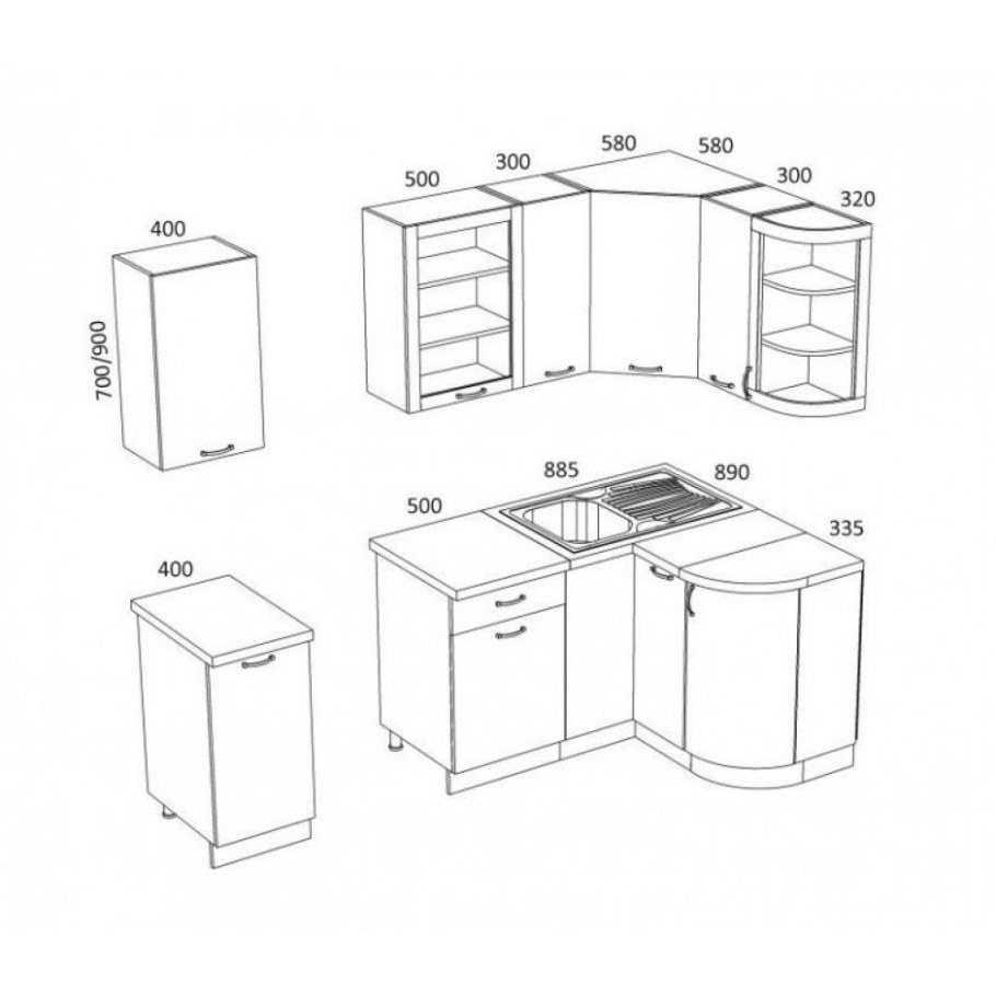 Кухня "классика" 1230х1785 с гнутыми фасадами (700 мм)