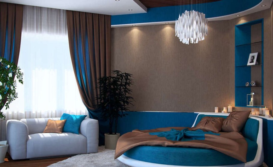 Сочетание голубого и коричневого в интерьере