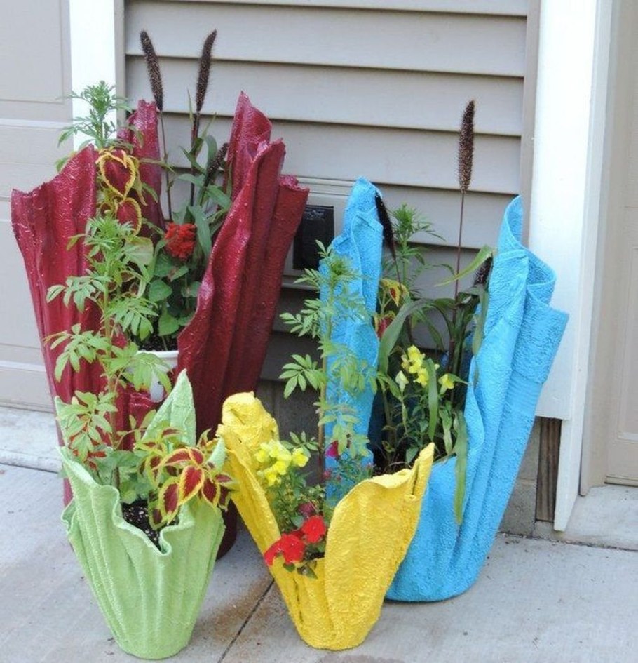 Кашпо для цветов из цемента и тряпки