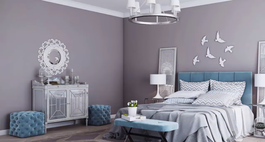 Сине серая спальня