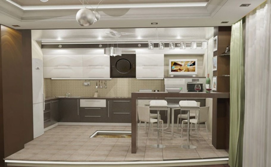 Кухня гостиная с подиумом