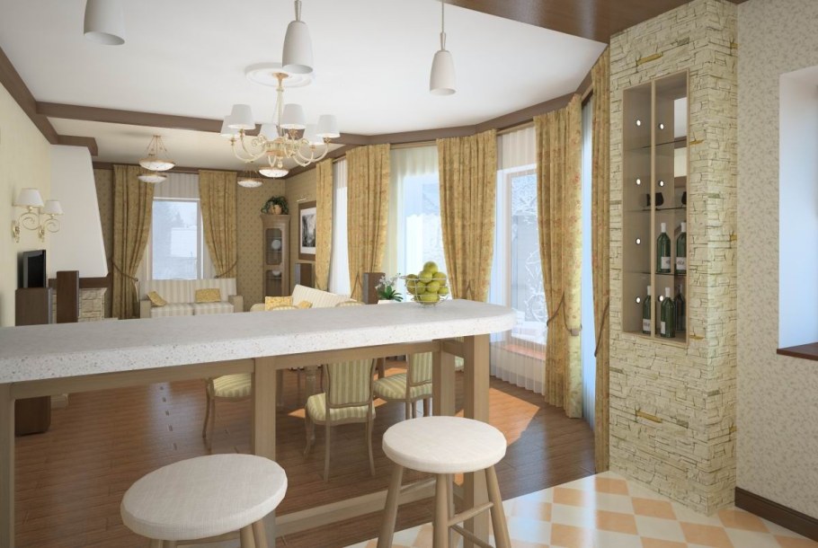 Интерьер кухни-гостиной в частном