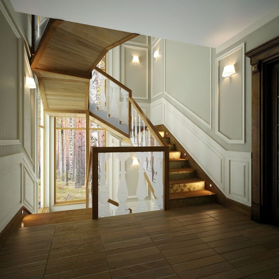 Интерьер лестницы в частном доме
