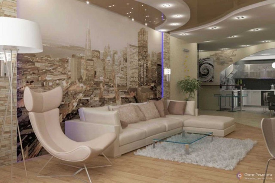 Фрески на стену в интерьере гостиной