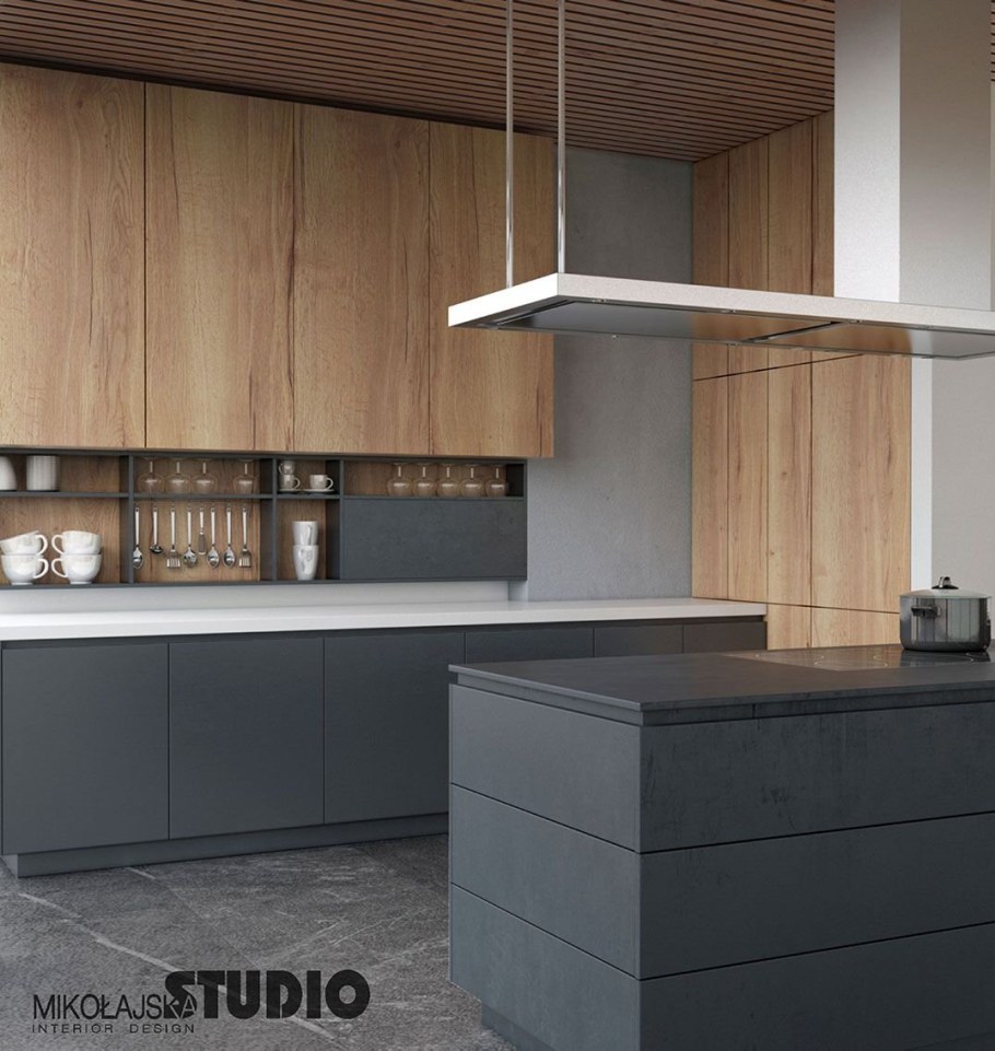 Кухня серая матовая с деревом