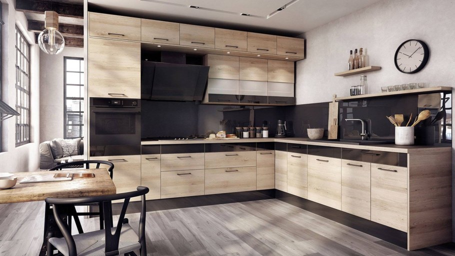 Кухни беж с деревом в современном стиле