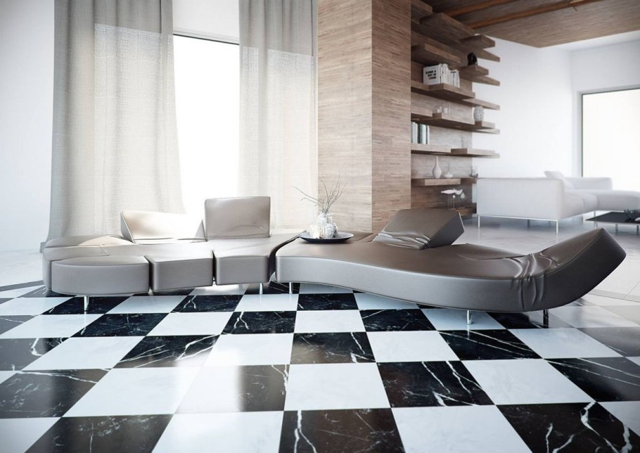 Напольная плитка в интерьере гостиной