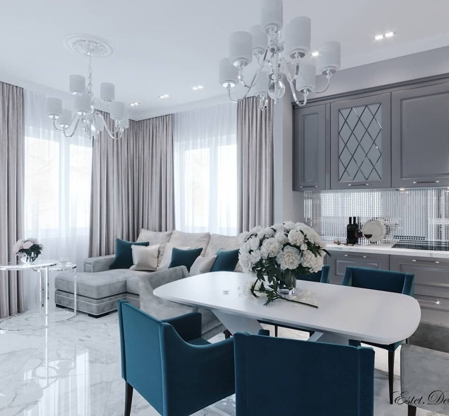 Кухня гостиная в бело серых тонах