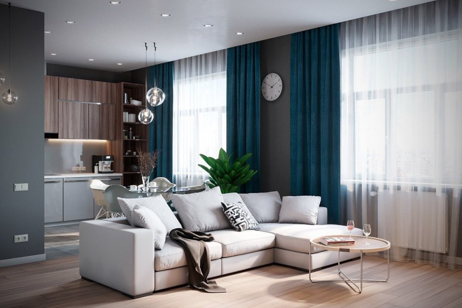 Серые шторы в интерьере гостиной
