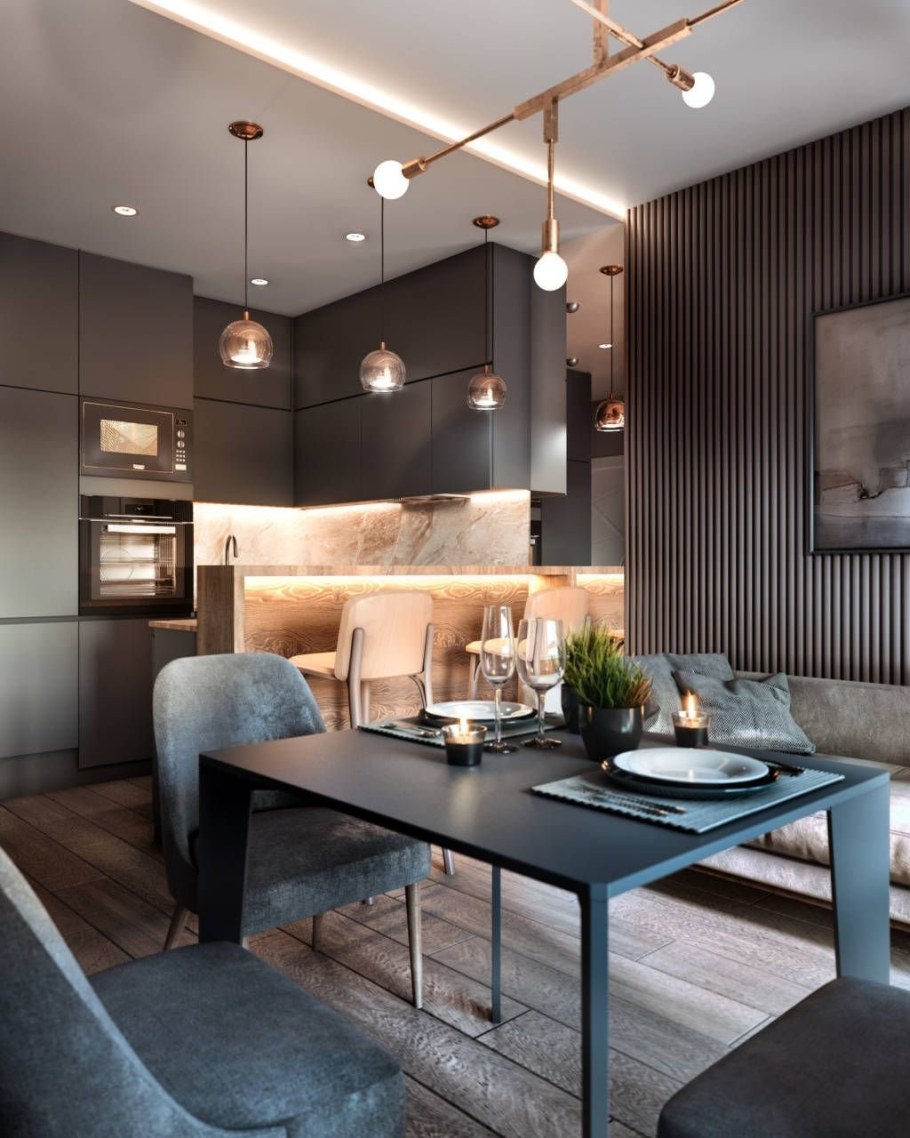 Современный интерьер кухни-гостиной