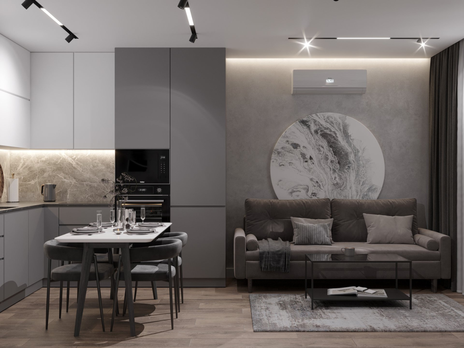 Декоративная штукатурка на кухне дизайн серый цвет