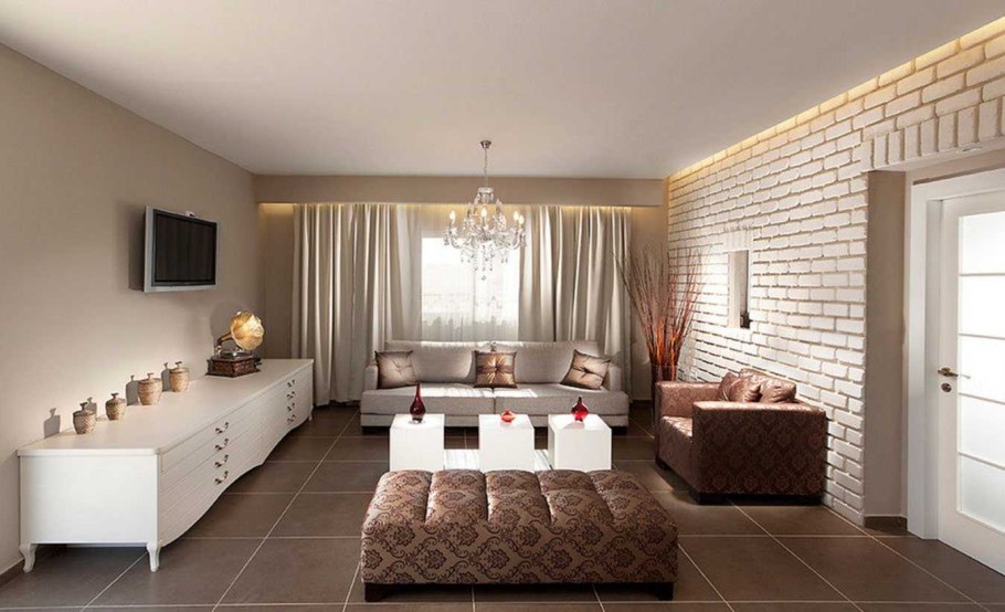 Белый кирпич в интерьере гостиной