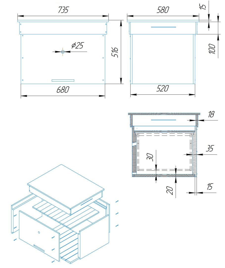Размер корпуса Дадан 12 рамок чертеж