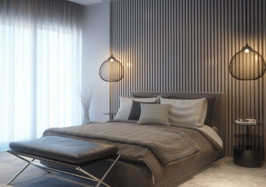 Спальня с деревянными рейками