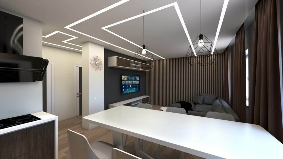 Потолок со световыми линиями в гостиной