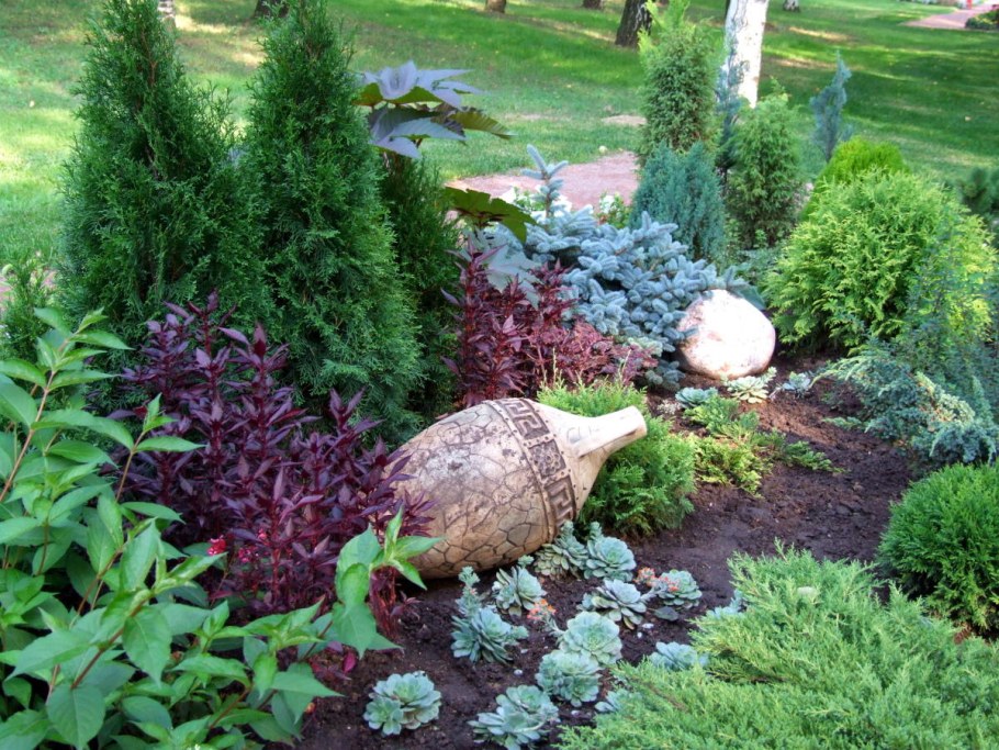 Клумба туя можжевельник астильба