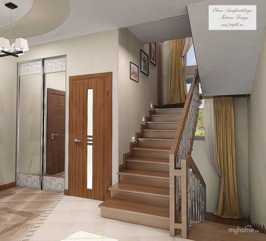 Интерьер коридора в частном доме с лестницей