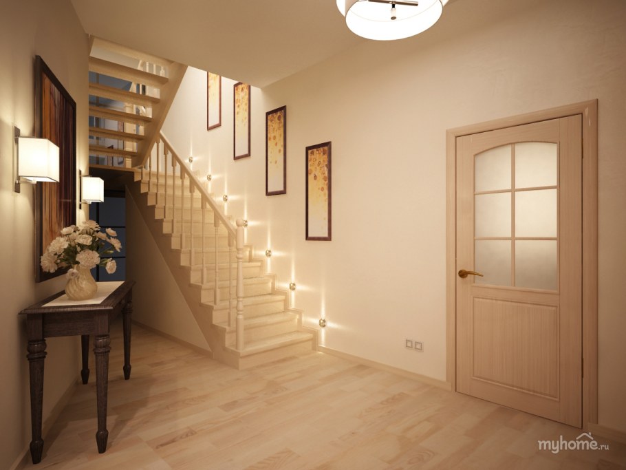 Интерьер коридора в частном доме с лестницей