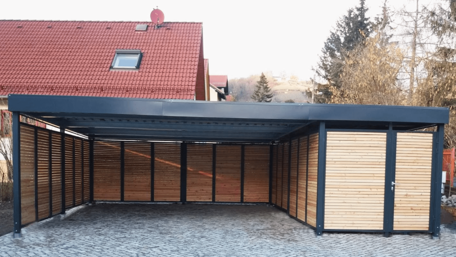 Современный навес с хозблоком