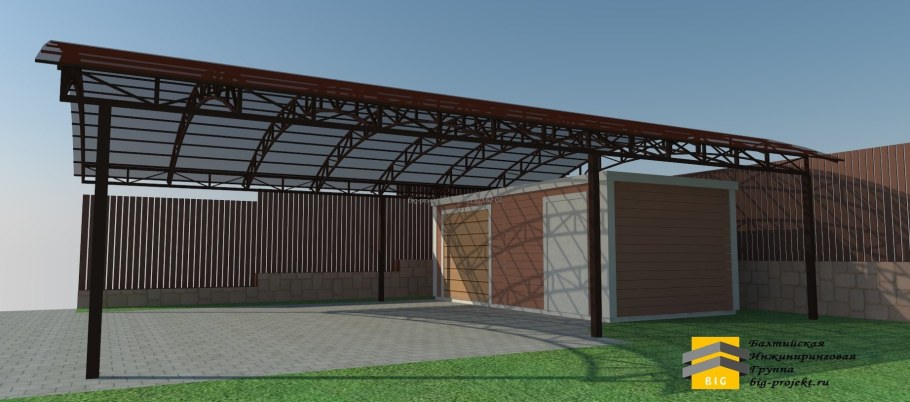 Металлический навес для машины с хозблоком