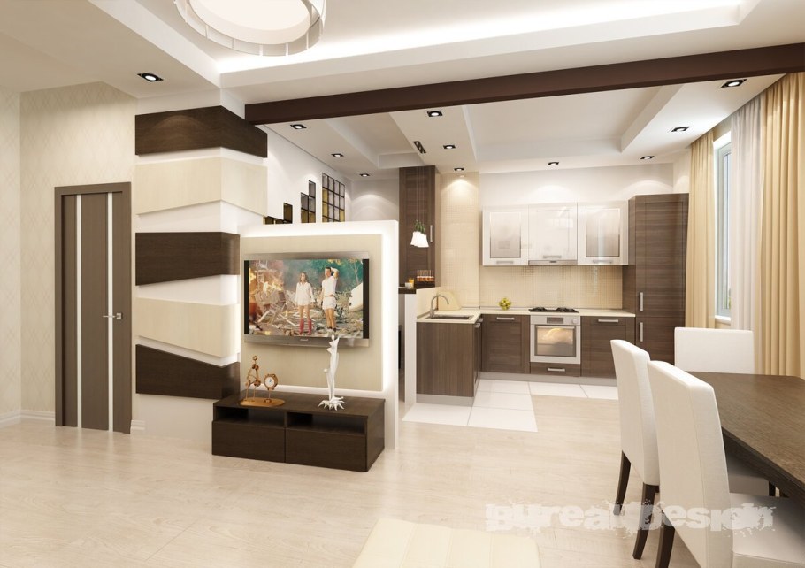 Интерьер кухни совмещенной с гостиной