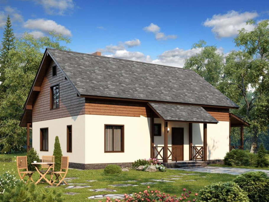 Одноэтажный дом с двухскатной крышей с террасой 120м2