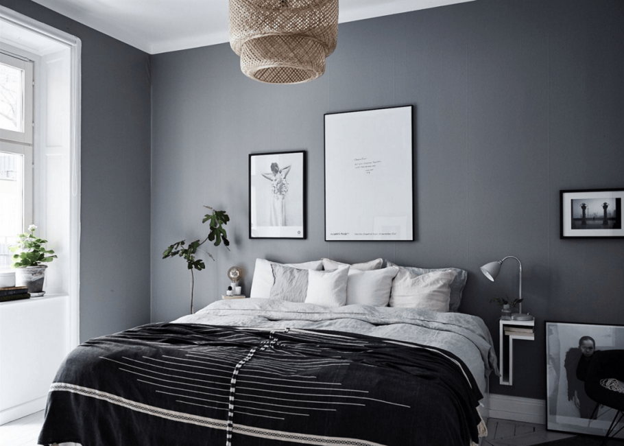 Серые стены в интерьере спальни