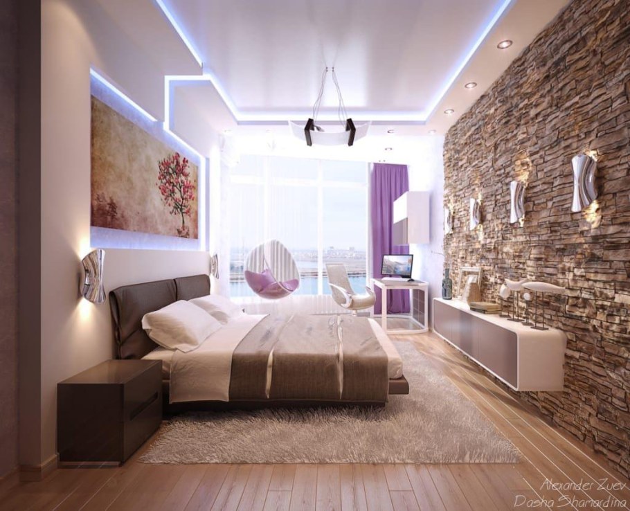 Камень в интерьере спальни