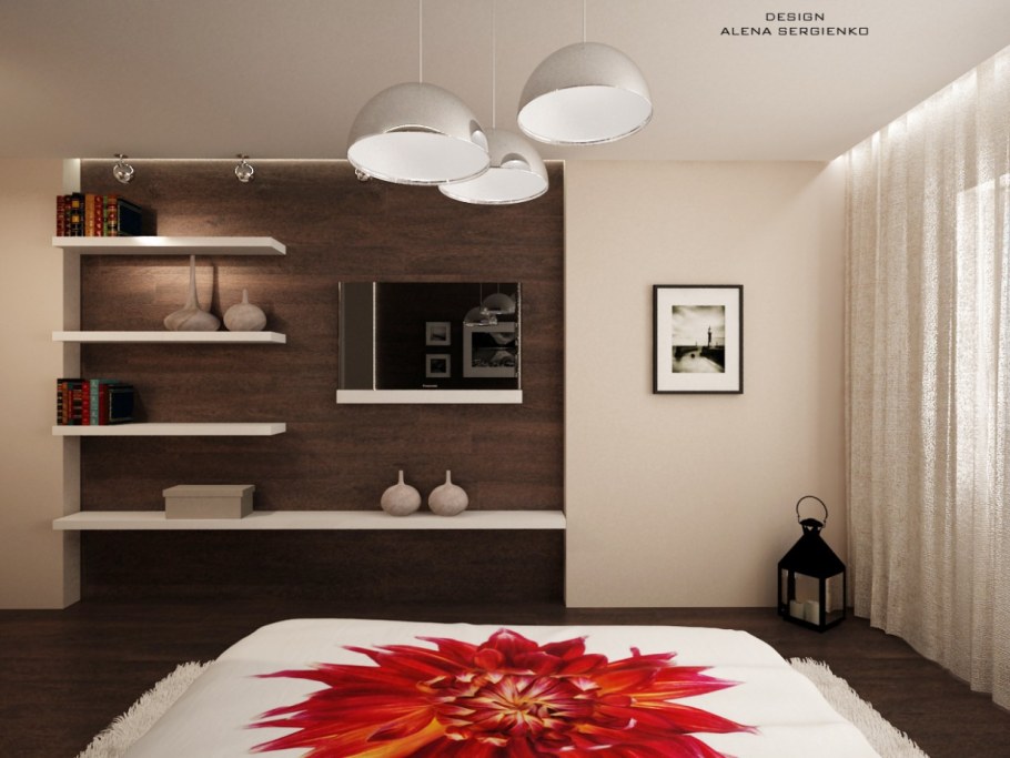 Полки в спальне напротив кровати