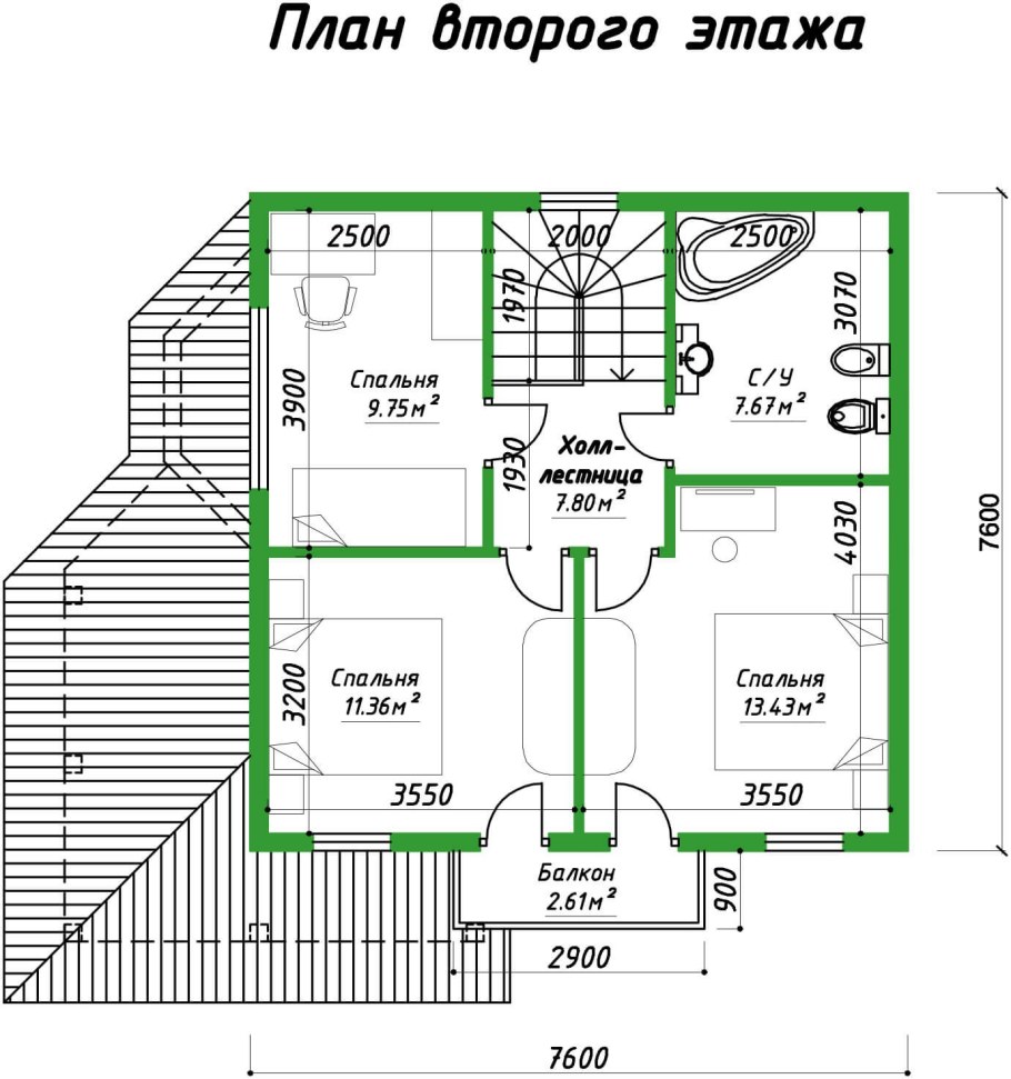 План второго этажа с 3 комнатами лестница сбоку