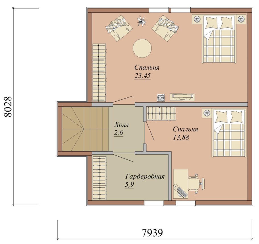 Планировка второго этажа с лестницей сбоку