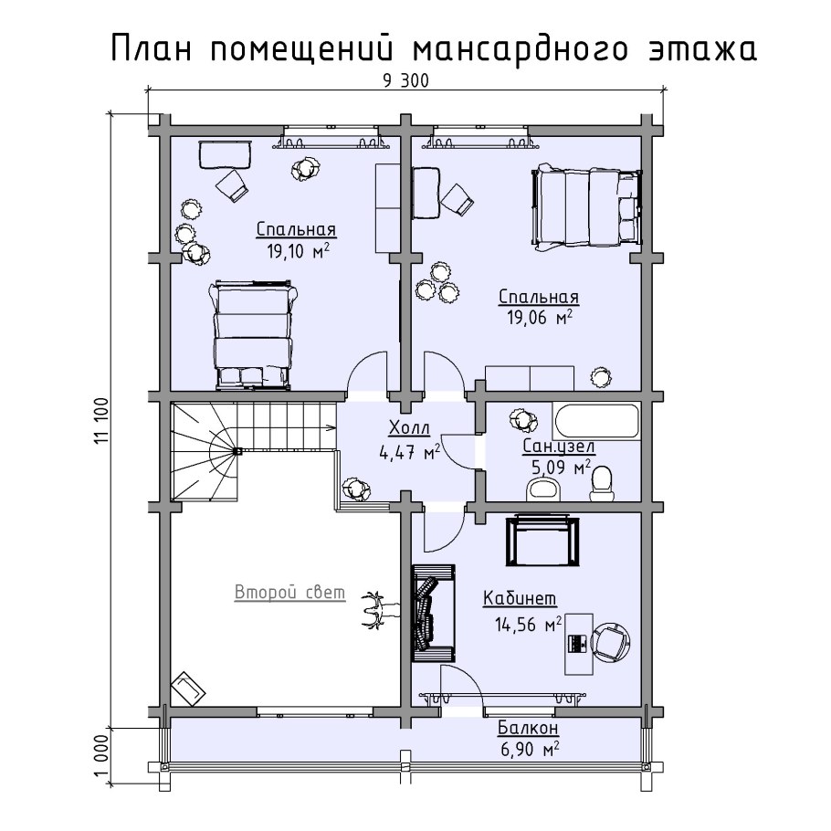 План проекта 2 этаж мансарды с лестницей сбоку чертеж