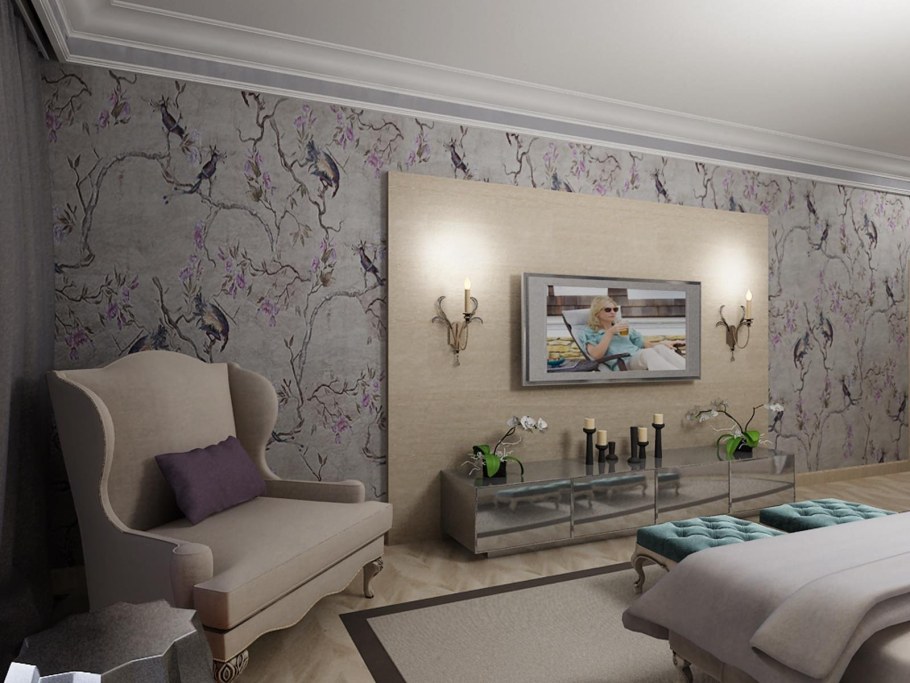 Обои с птичками в спальне