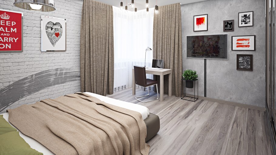 Интерьер с кирпичной стеной в сочетании с обоями