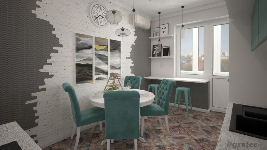 Обои кирпичики на кухне в интерьере