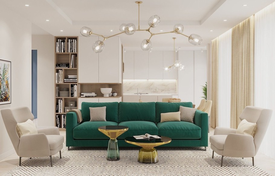 Гостиная с изумрудным диваном