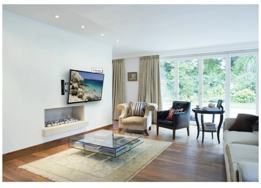 Телевизор на кронштейне поворотный в интерьере гостиной