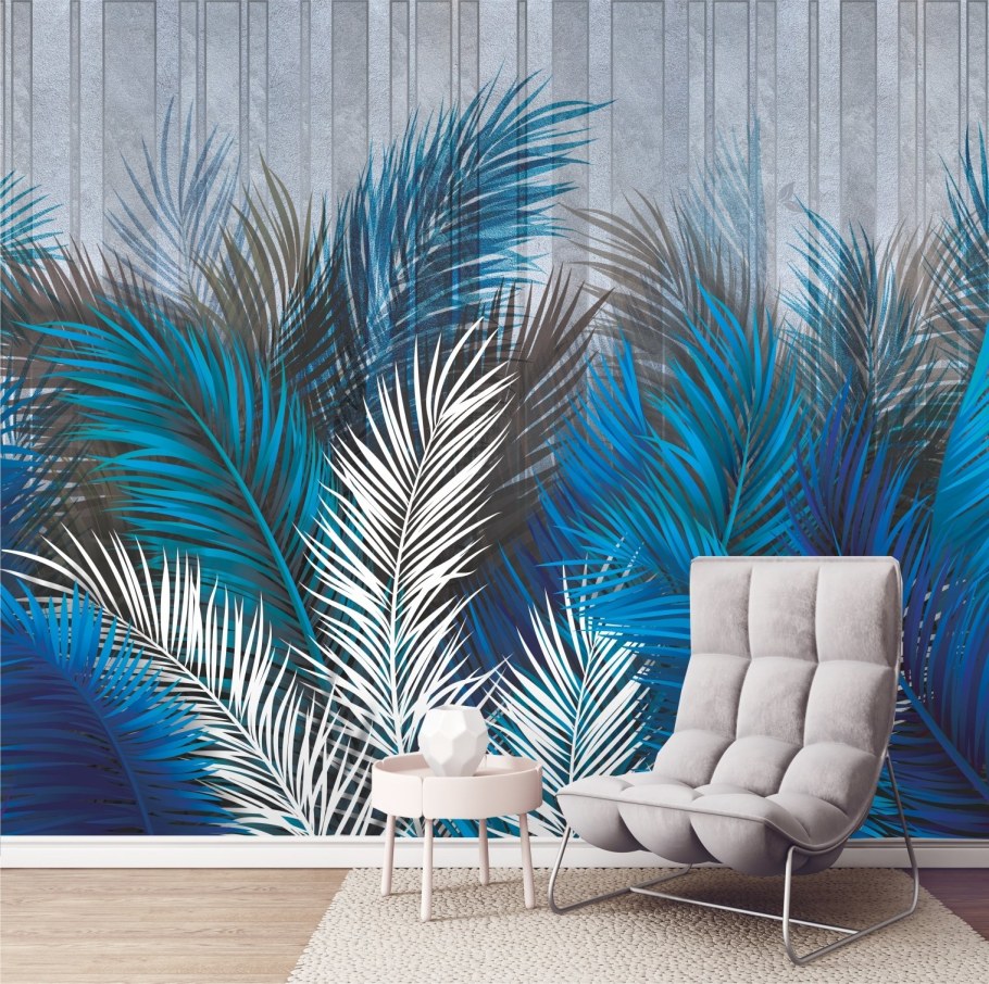 Обои серые с пальмовыми листьями в гостиной