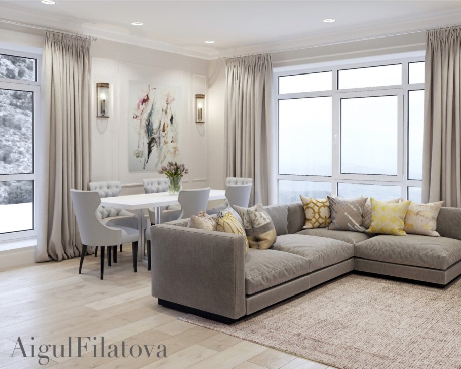 Серо бежевый диван в интерьере