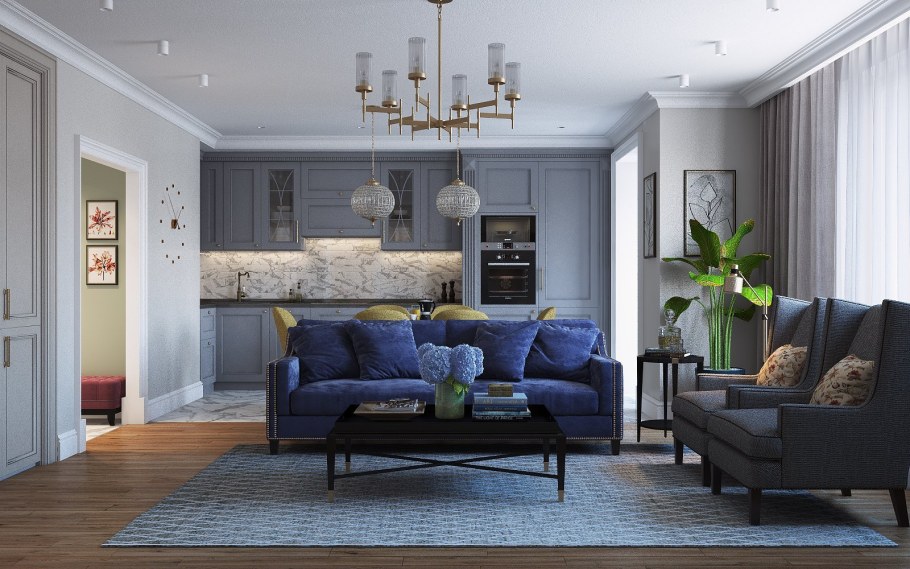 Гостиная с синим диваном