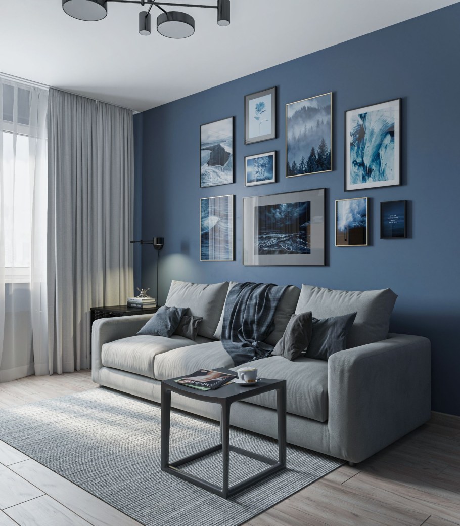 Синий диван в интерьере гостиной