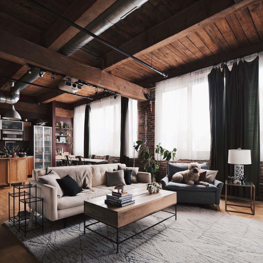 Гостиная в стиле лофт в загородном доме