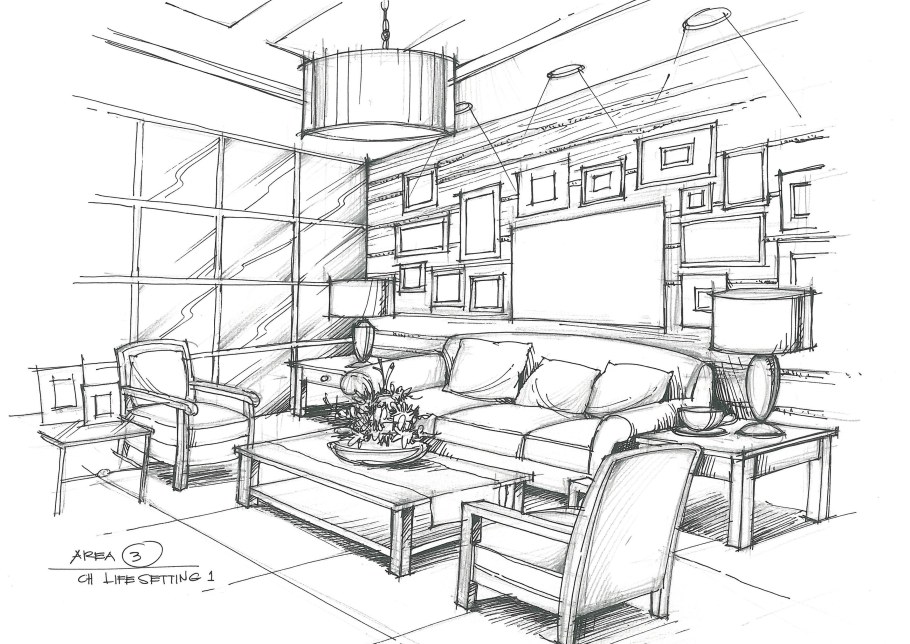 Наброски интерьера карандашом