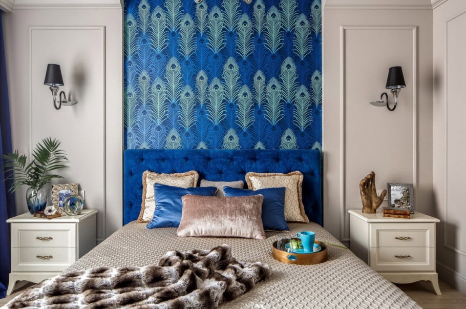 Голубые обои в интерьере