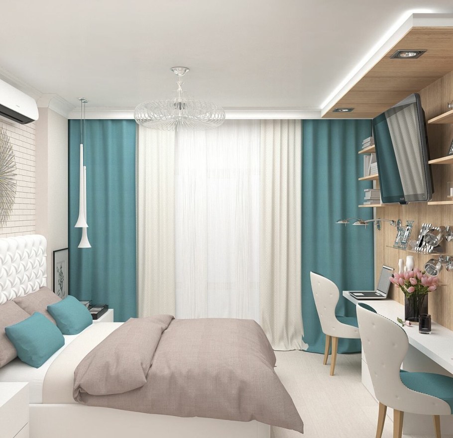 Бирюзовые шторы в спальне