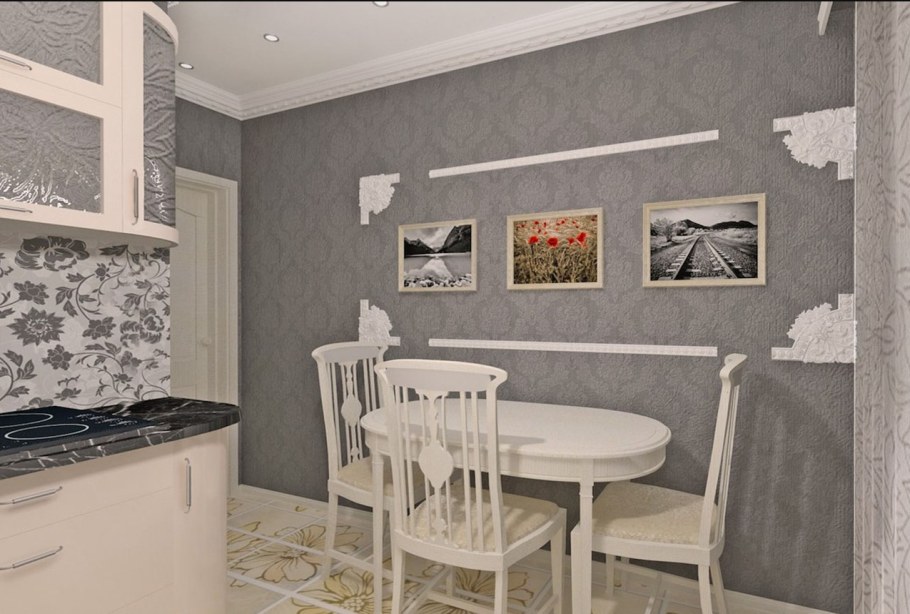Интерьер кухни с комбинированными обоями