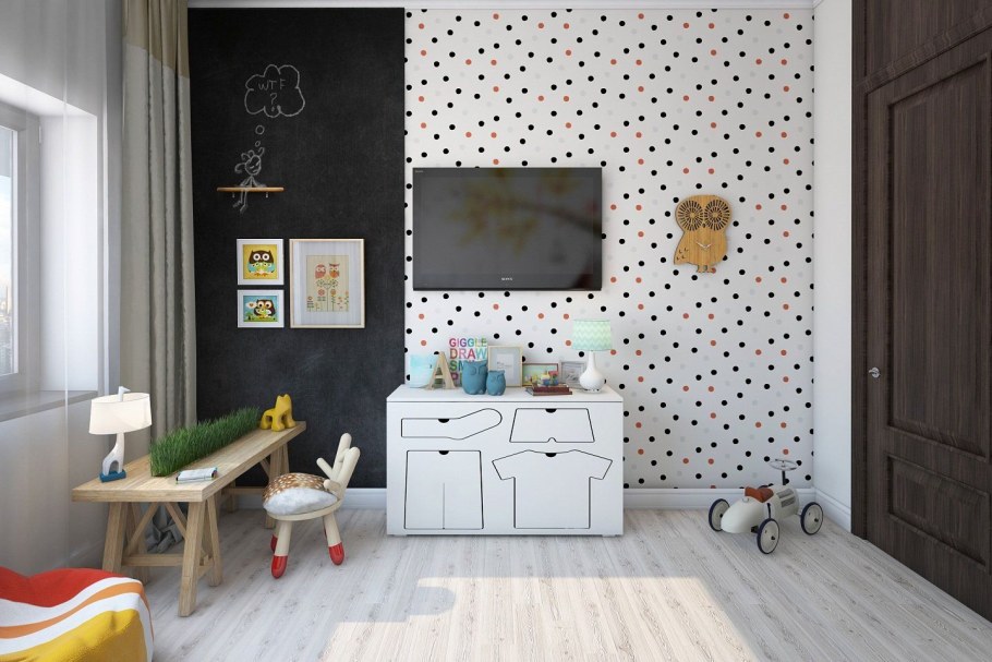 Комната с обоями в горошек