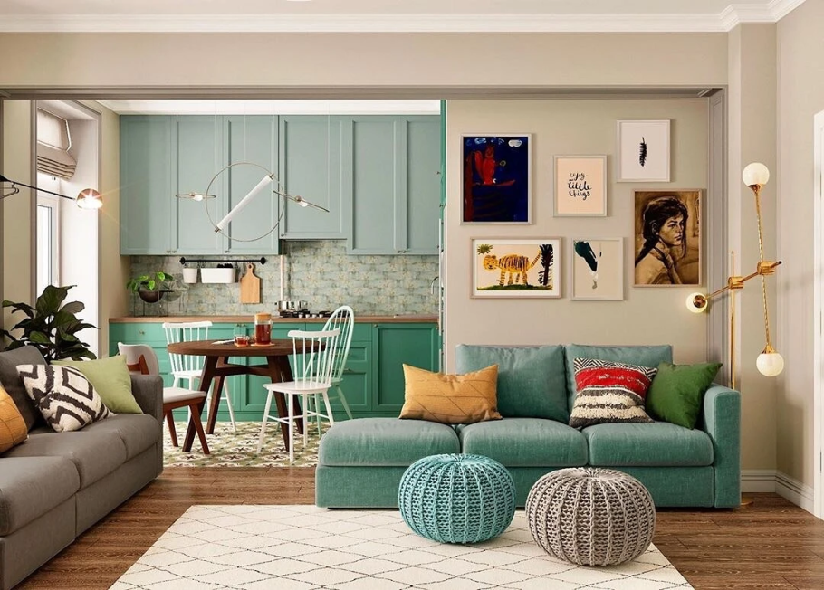 Кухня гостиная в мятном цвете