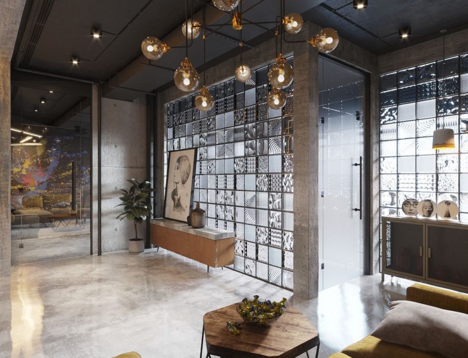 Стеклоблоки лофт в интерьере душевая