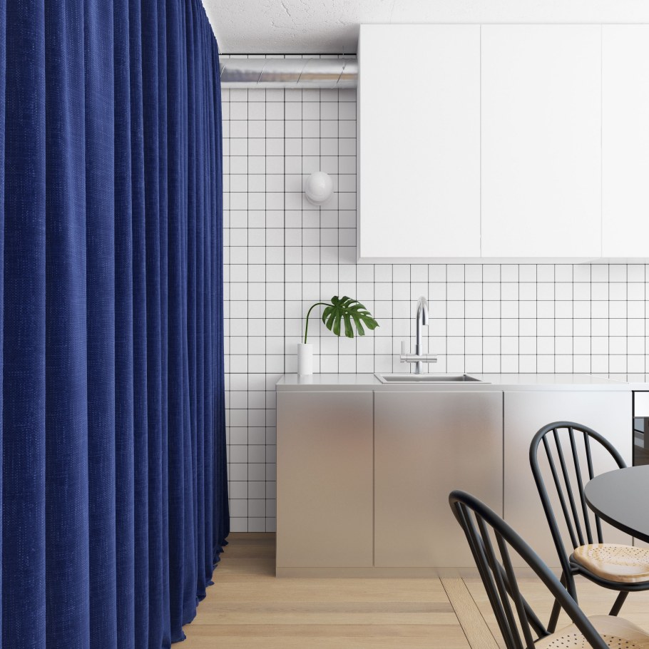 Синие шторы на кухню лофт